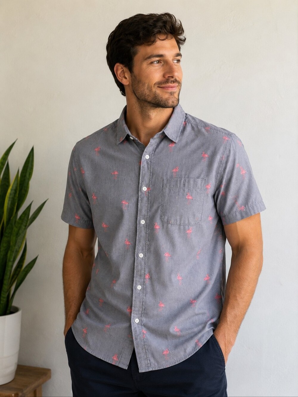 Falls Creek Flamingo Button Up Shirt Mens XL Gray Pink Tropical Beach Casual